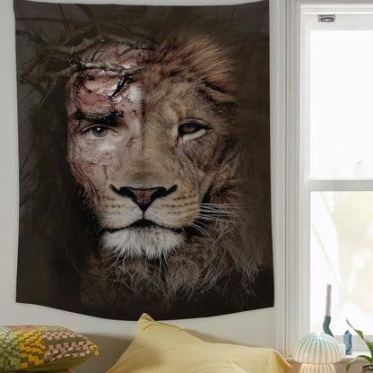 Half Jesus Half Lion Tapestry - Christian Tapestry - Bible Verse Tapestry