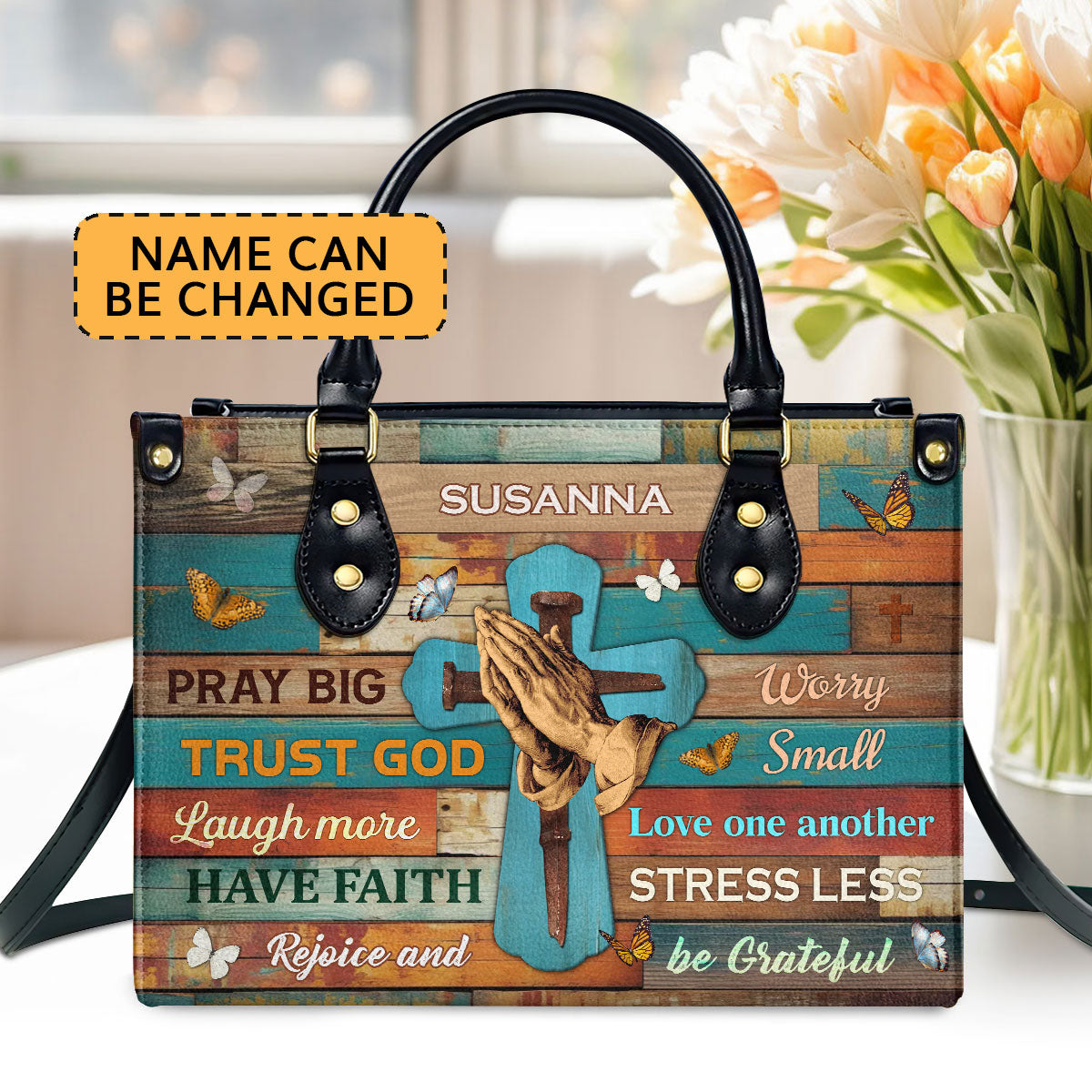 Hand Pray Big Trust God Personalized Leather Handbag - Jesus Handbag