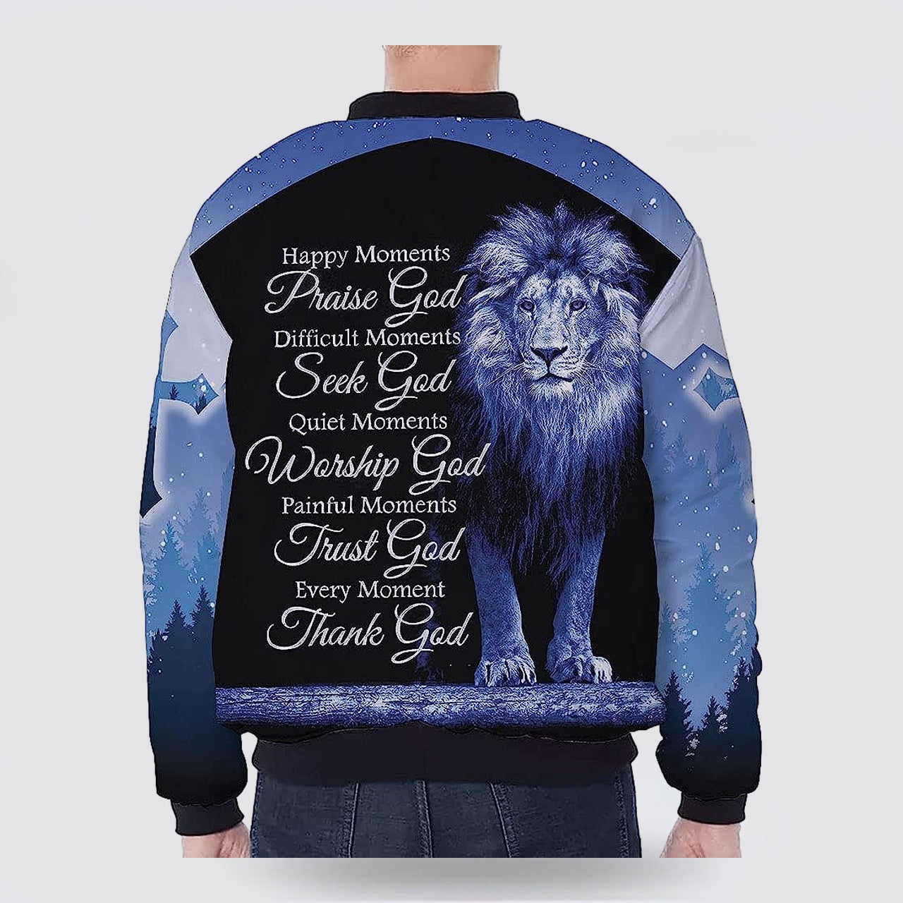 Happy Moment Praise God Lion Cross Blue Light Bomber Jacket - Christian Bomber Shirts for Men and Women