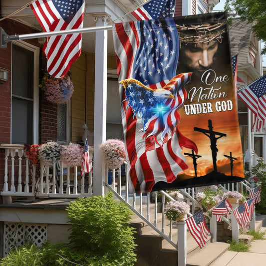 Happy 4th Of July One Nation Under God Jesus Christian American Patriotic Eagle Flag - Religious House Flags