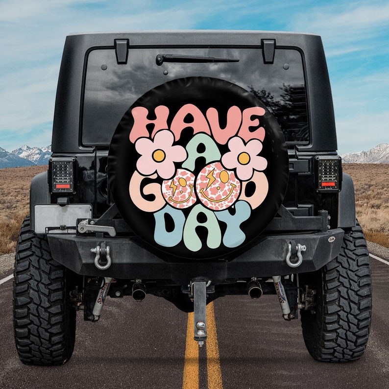 Have A Good Day Retro Smiley Face Flower Spare Tire Cover - Religious Christian Spare Tire Cover