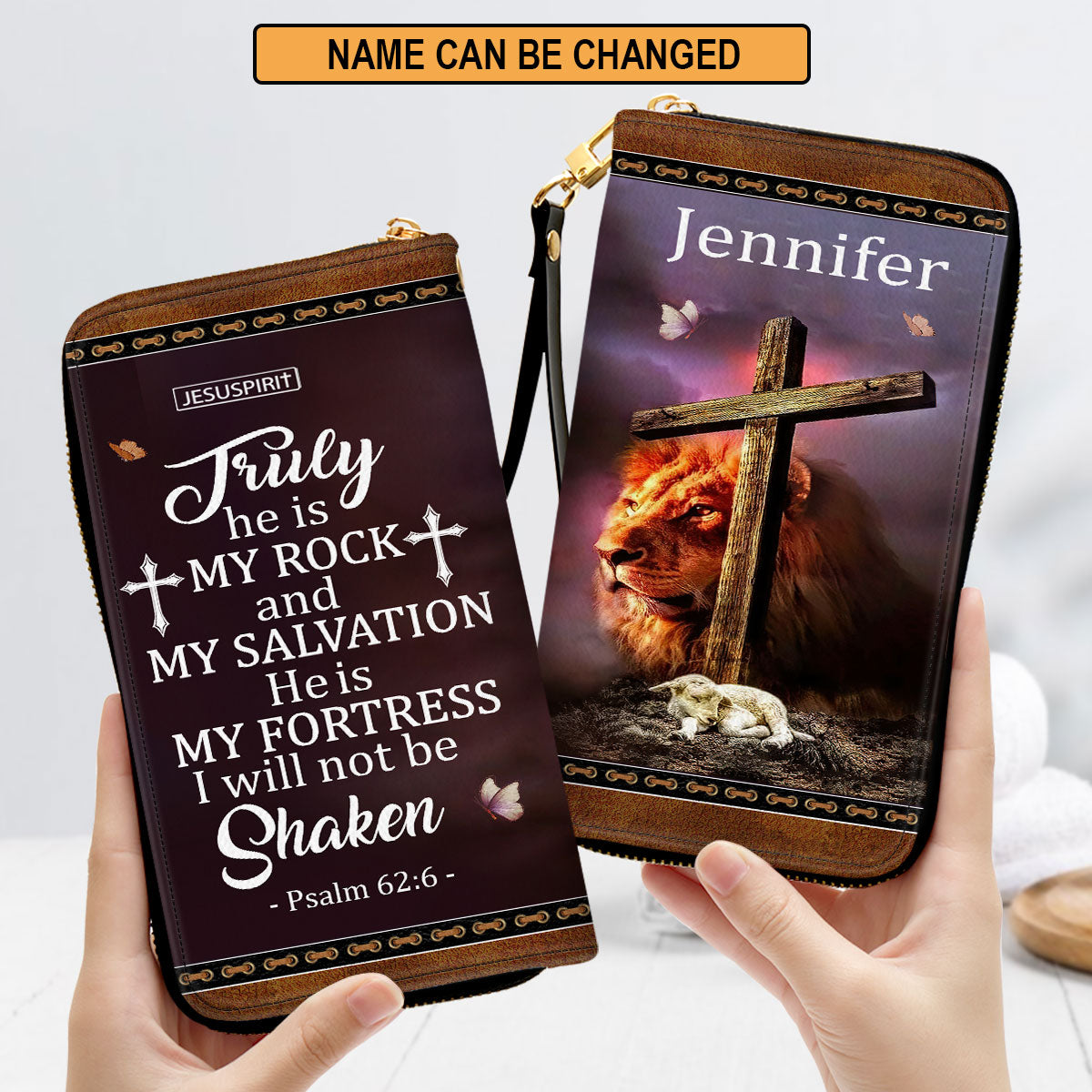 He Is My Fortress I Will Not Be Shaken Psalm 626 Lion And Lamb Personalized Leather Clutch Purse - Christian Gifts For Religious Women