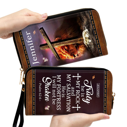 He Is My Fortress I Will Not Be Shaken Psalm 626 Lion And Lamb Personalized Leather Clutch Purse - Christian Gifts For Religious Women