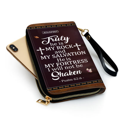 He Is My Fortress I Will Not Be Shaken Psalm 626 Lion And Lamb Personalized Leather Clutch Purse - Christian Gifts For Religious Women