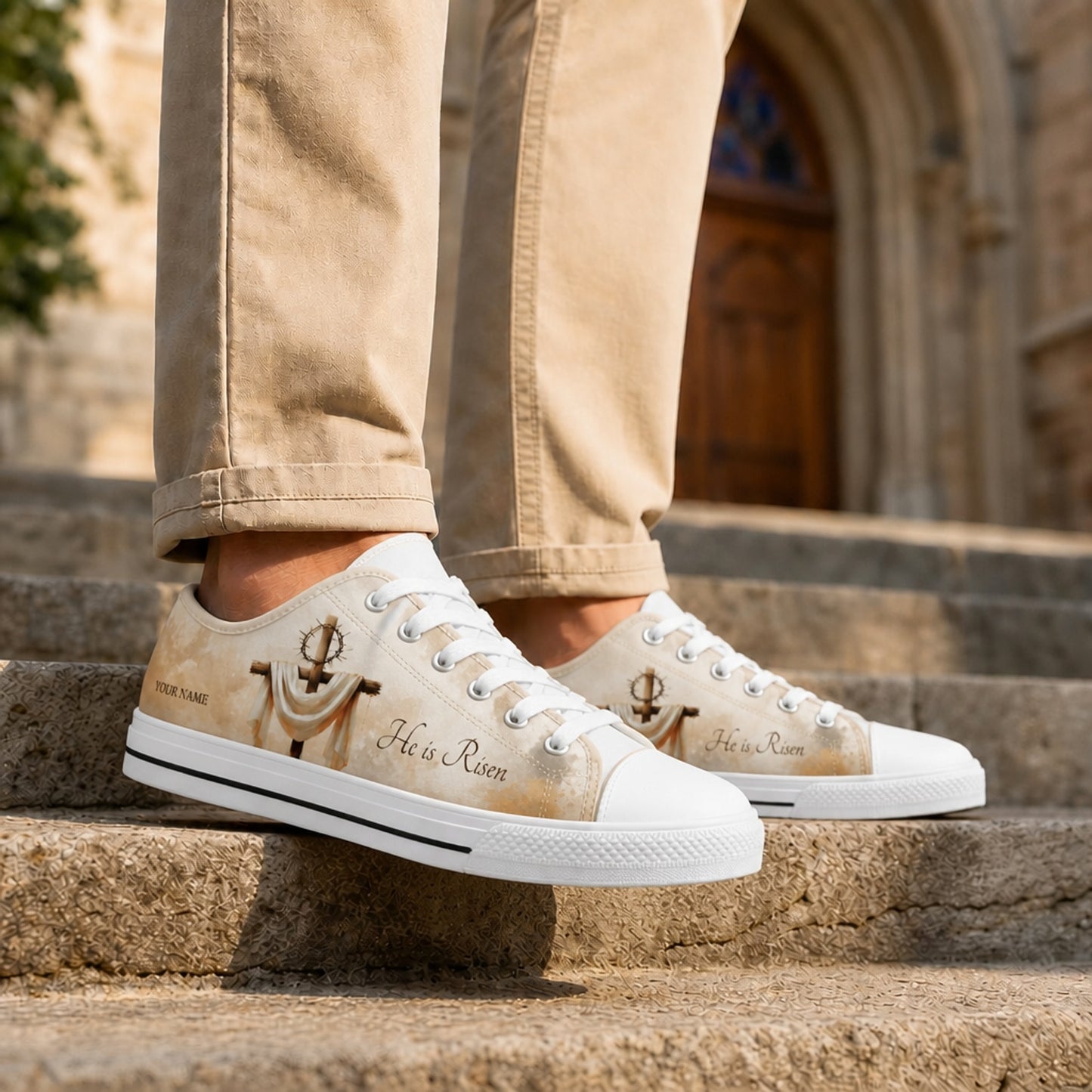 He Is Risen Cross Classic Personalized Low Top Shoes Life style  