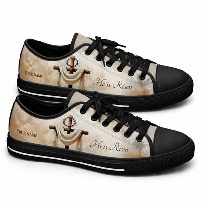 He Is Risen Cross Classic Personalized Low Top Shoes black shoes  