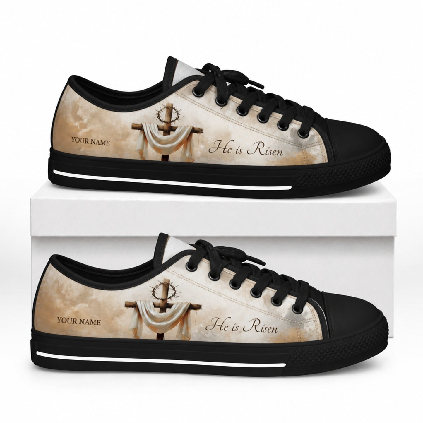 He Is Risen Cross Classic Personalized Low Top Shoes box black  