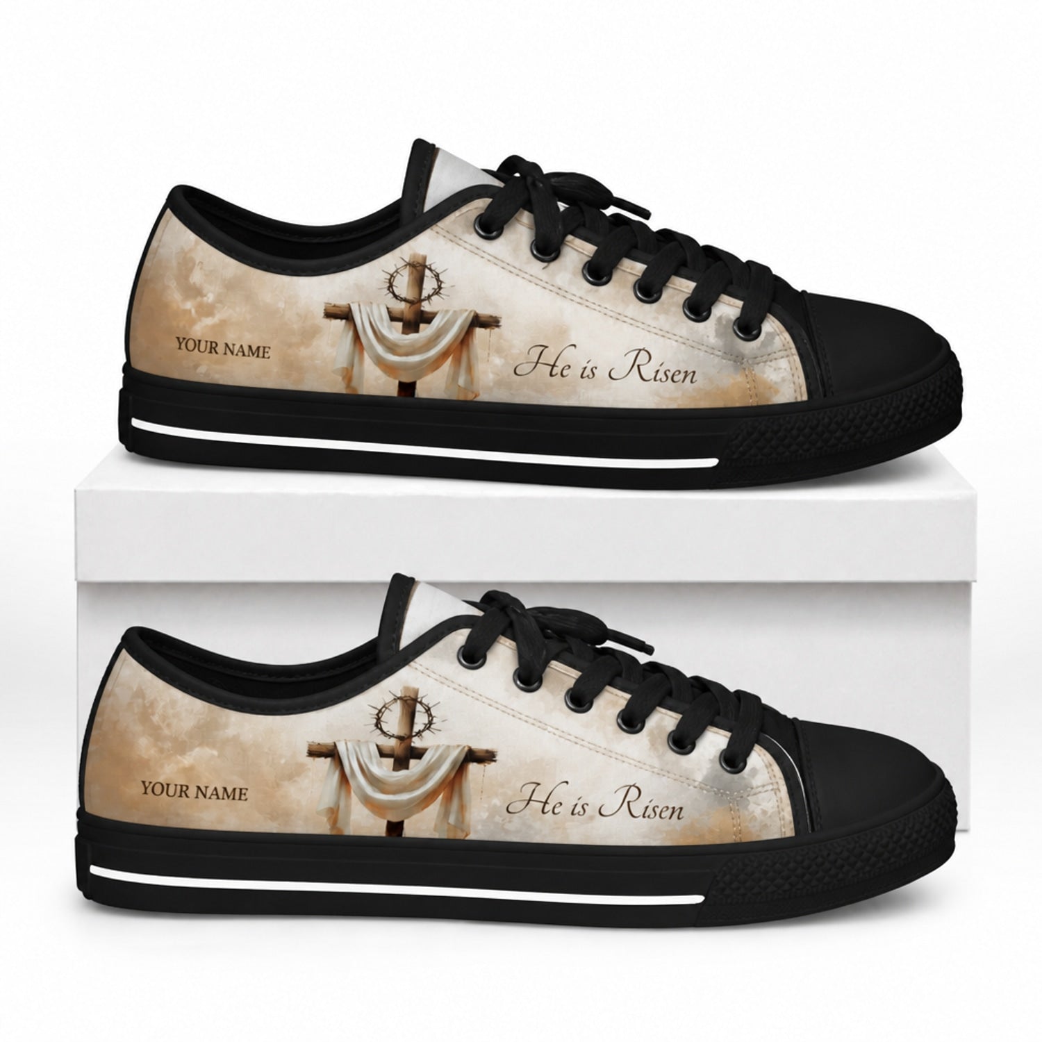 He Is Risen Cross Classic Personalized Low Top Shoes box black  