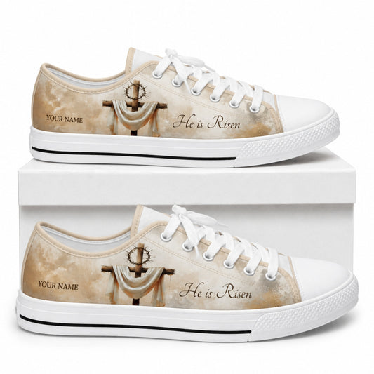 He Is Risen Cross Classic Personalized Low Top Shoes box white  