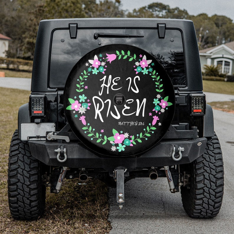 He is Risen Jesus Christian Easter Floral Wreath Spare Tire Cover - Religious Christian Spare Tire Cover