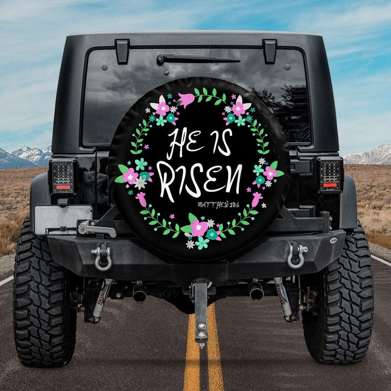 He is Risen Jesus Christian Easter Floral Wreath Spare Tire Cover - Religious Christian Spare Tire Cover