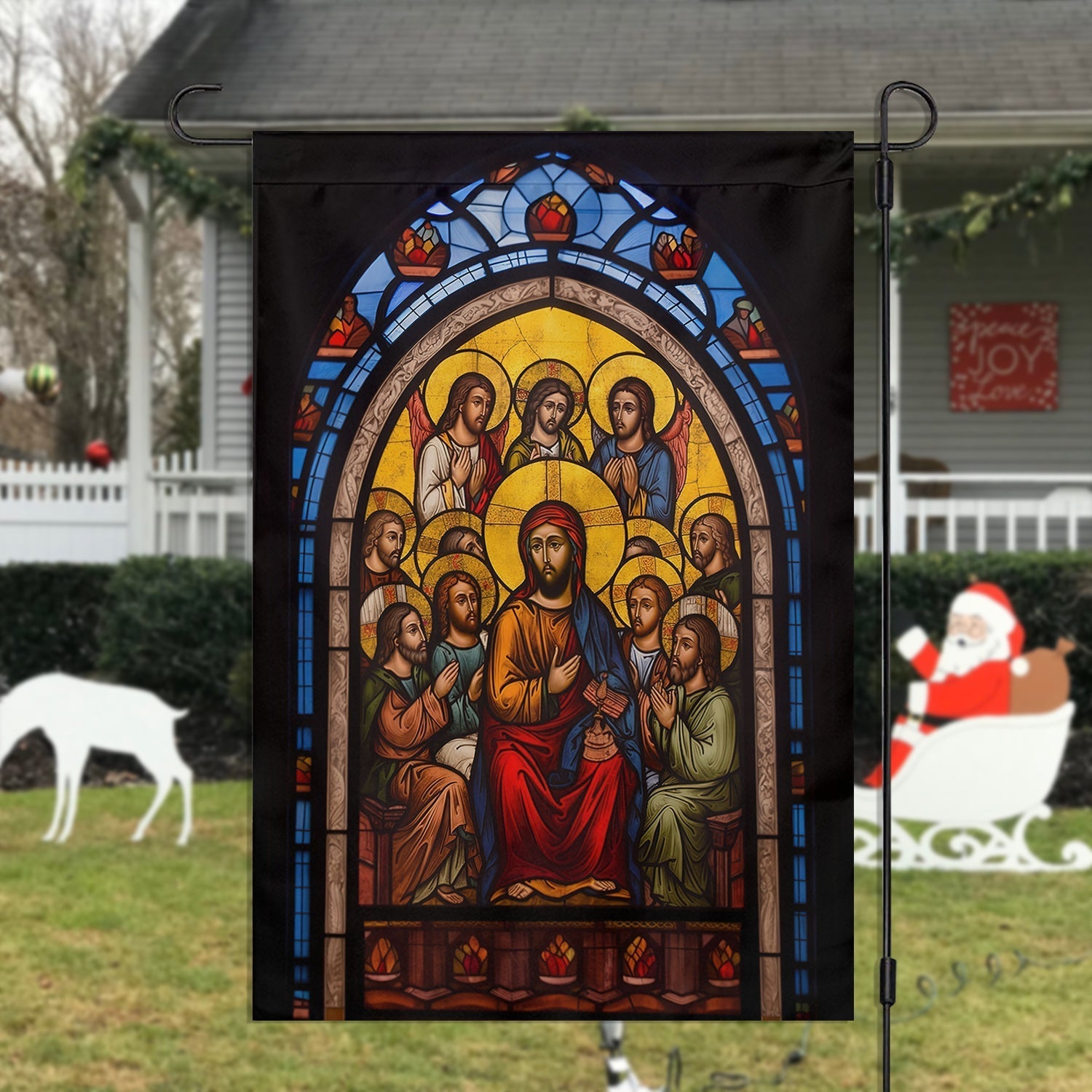 Holy Family Christ And Apostles A Stained Glass Winter Christmas Garden Flag - Christian House Flag