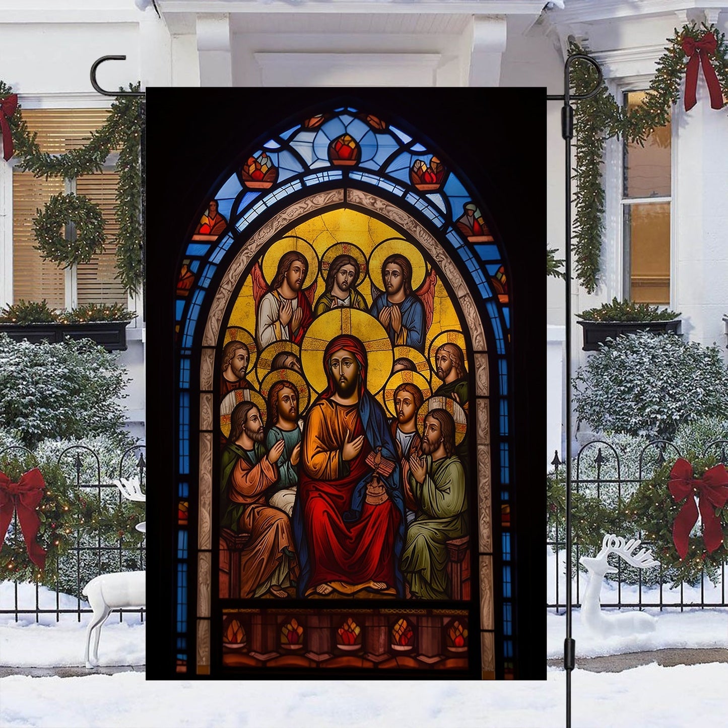 Holy Family Christ And Apostles A Stained Glass Winter Christmas Garden Flag - Christian House Flag