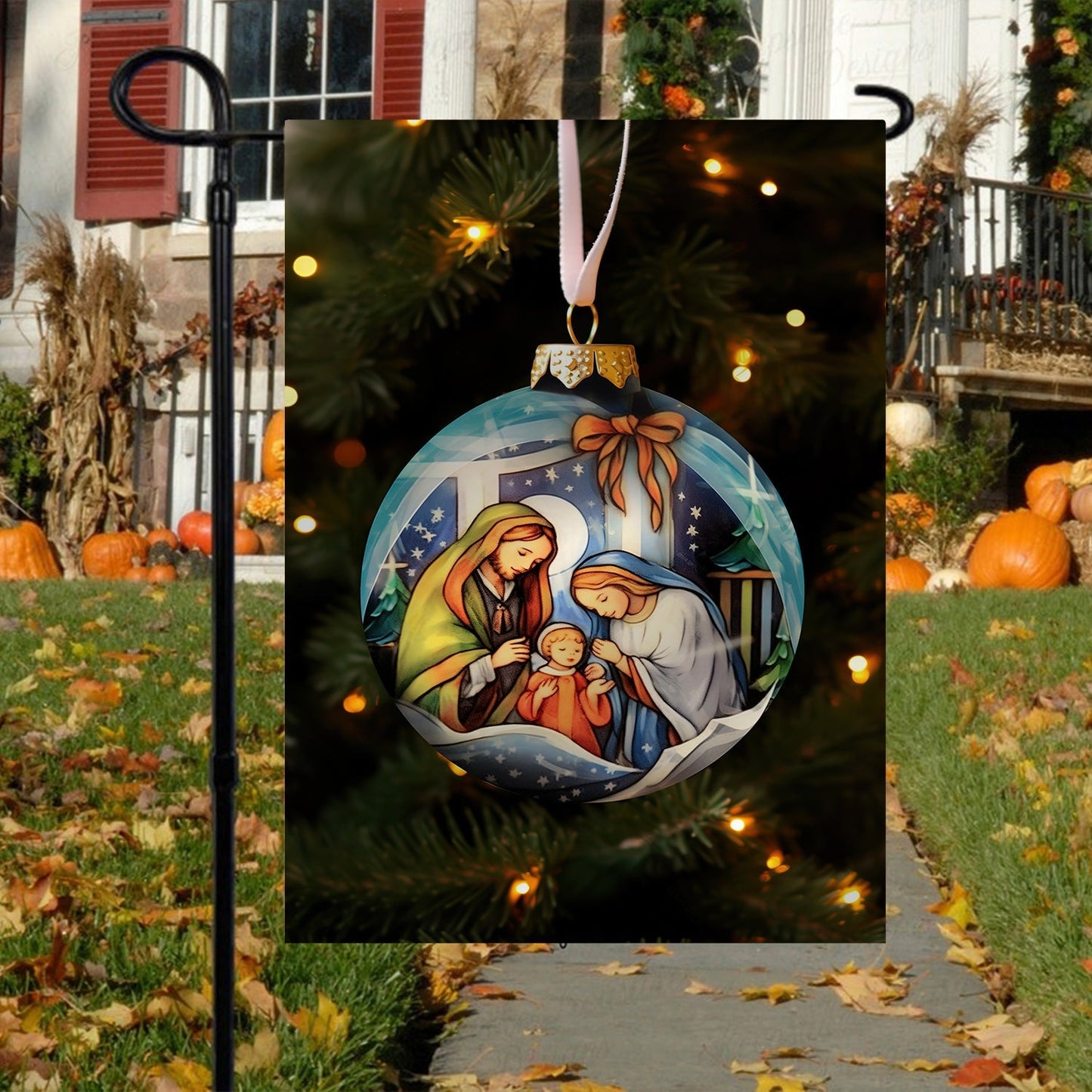 Holy Family Christmas Nativity Scene On A Festive Christmas Garden Flag - Christian House Flag