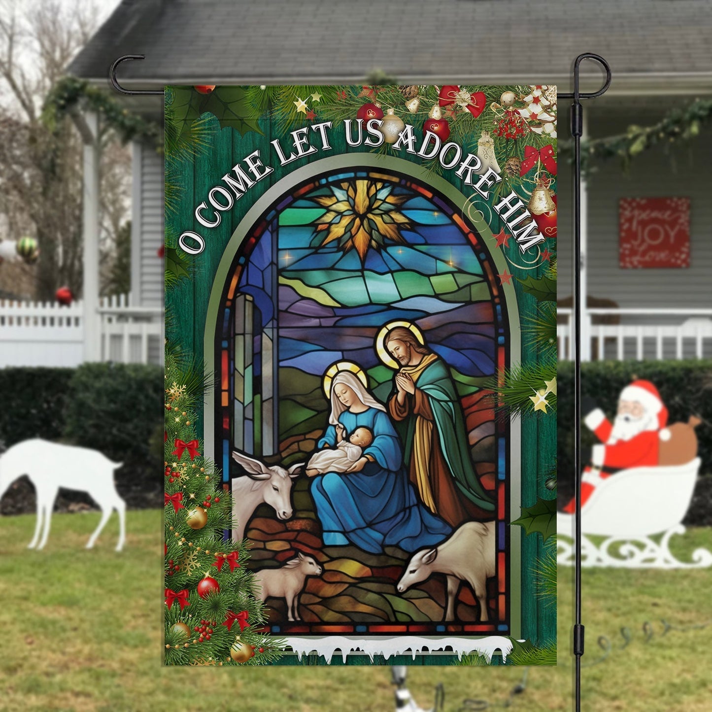 Holy Family O Come Let Us Adore Him Christmas Garden Flag - Christian House Flag