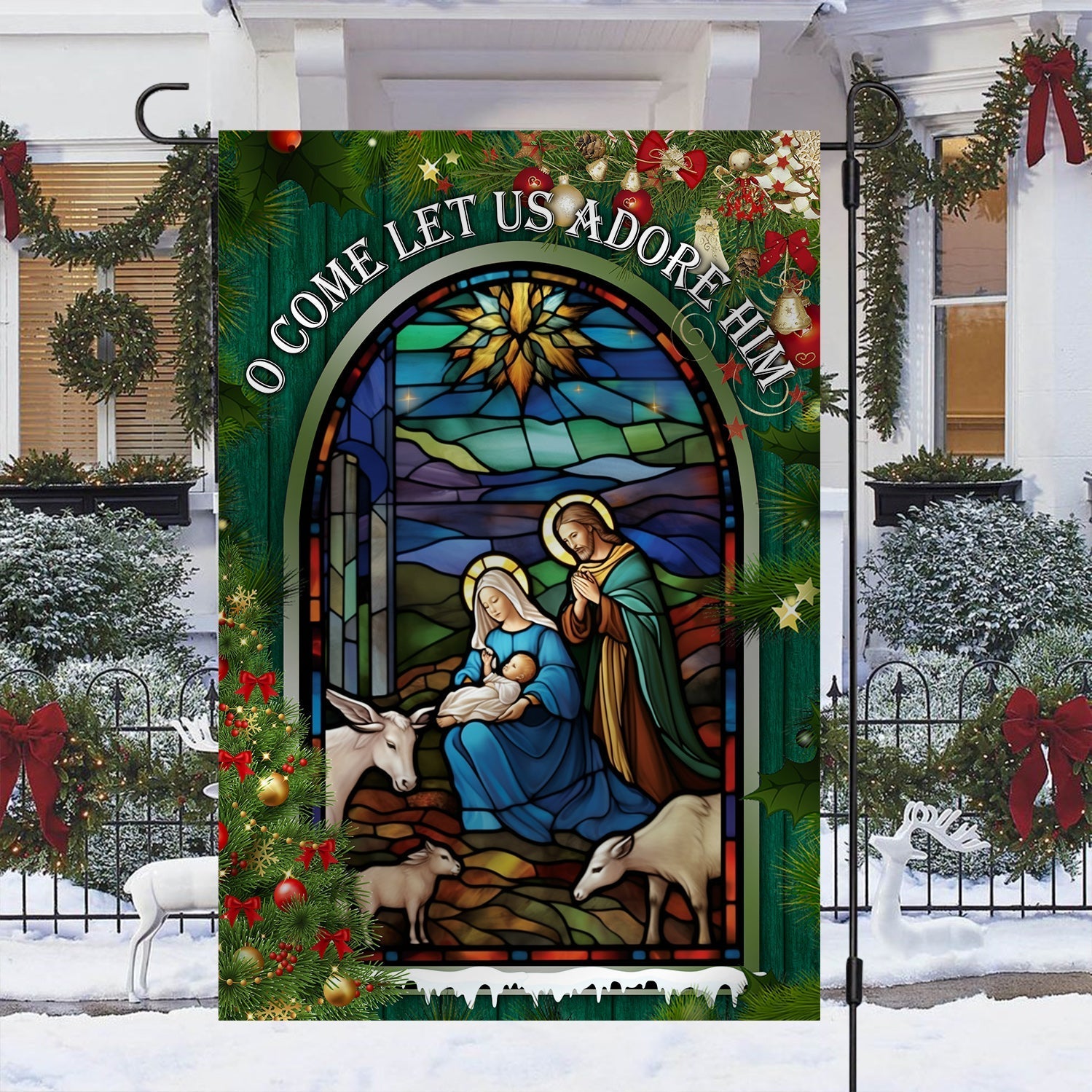 Holy Family O Come Let Us Adore Him Christmas Garden Flag - Christian House Flag