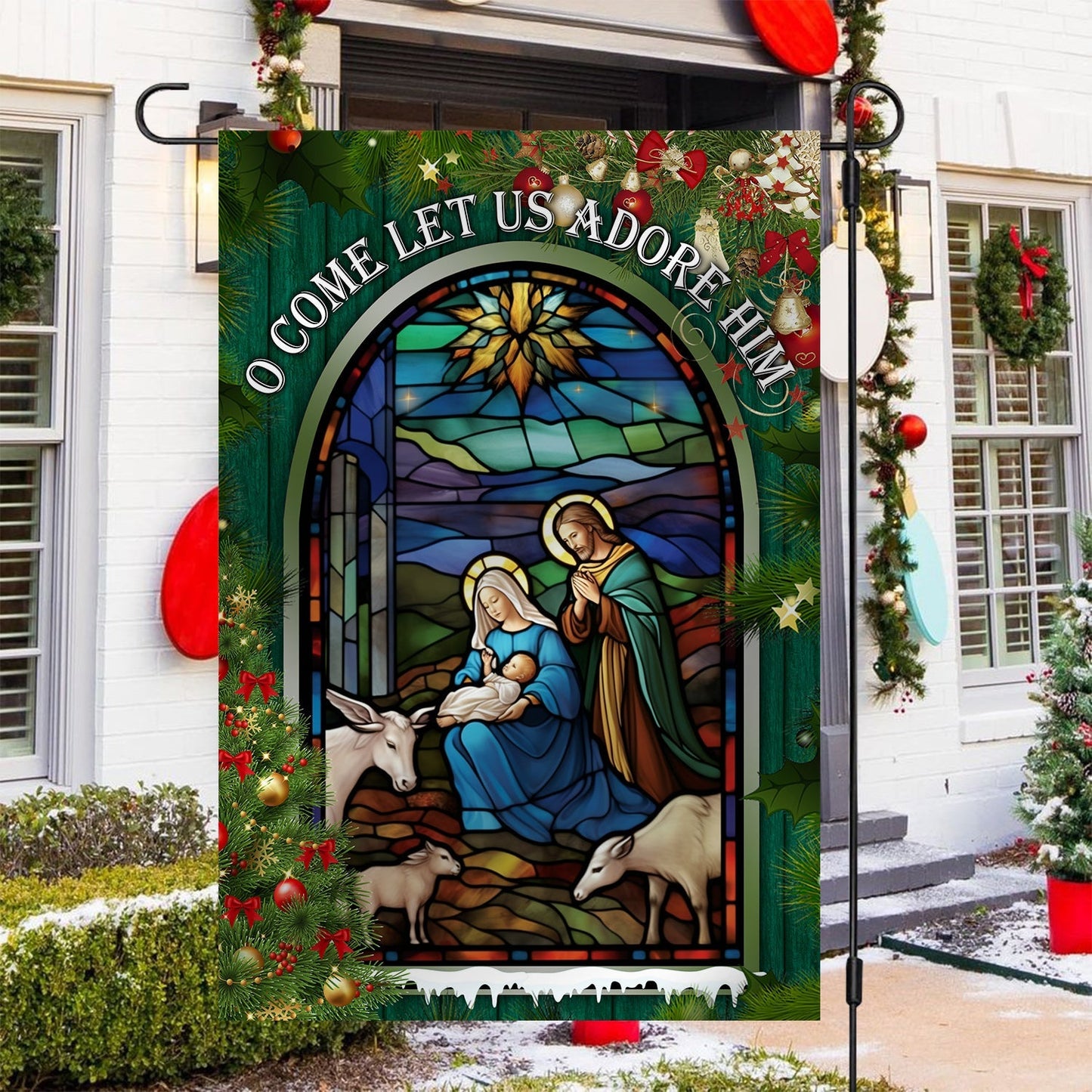Holy Family O Come Let Us Adore Him Christmas Garden Flag - Christian House Flag