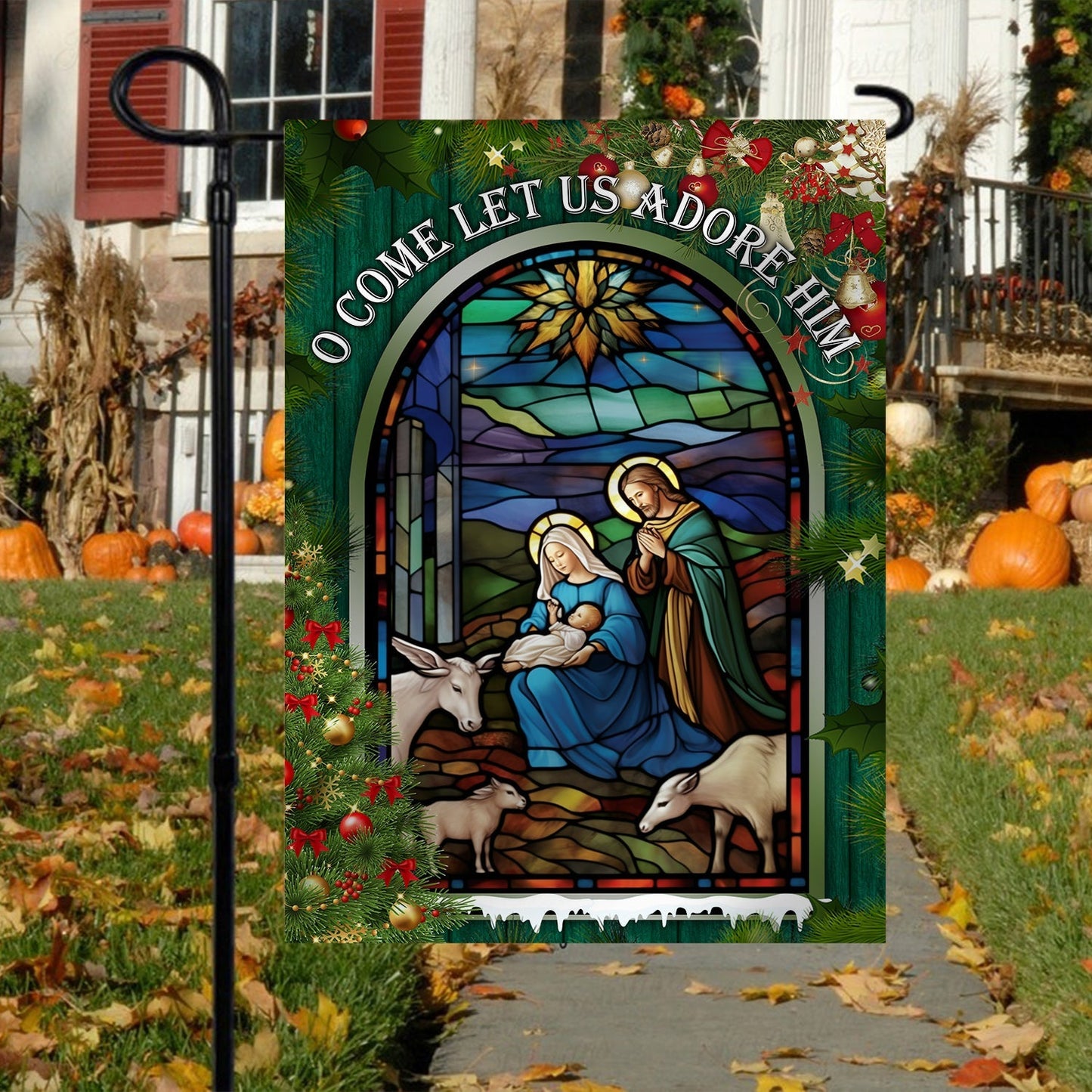 Holy Family O Come Let Us Adore Him Christmas Garden Flag - Christian House Flag