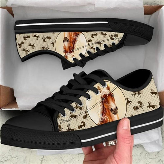 Horse Pattern Brown Canvas Low Top Shoes, Animal Print Canvas Shoes, Print On Canvas Shoes