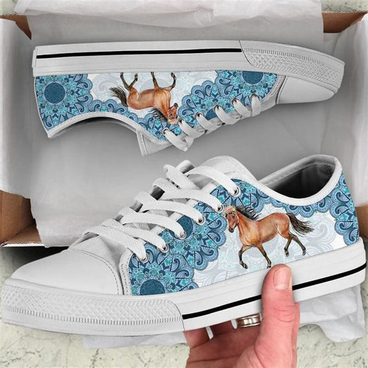 Horse Watercolor Mandala Blue Canvas Low Top Shoes, Animal Print Canvas Shoes, Print On Canvas Shoes