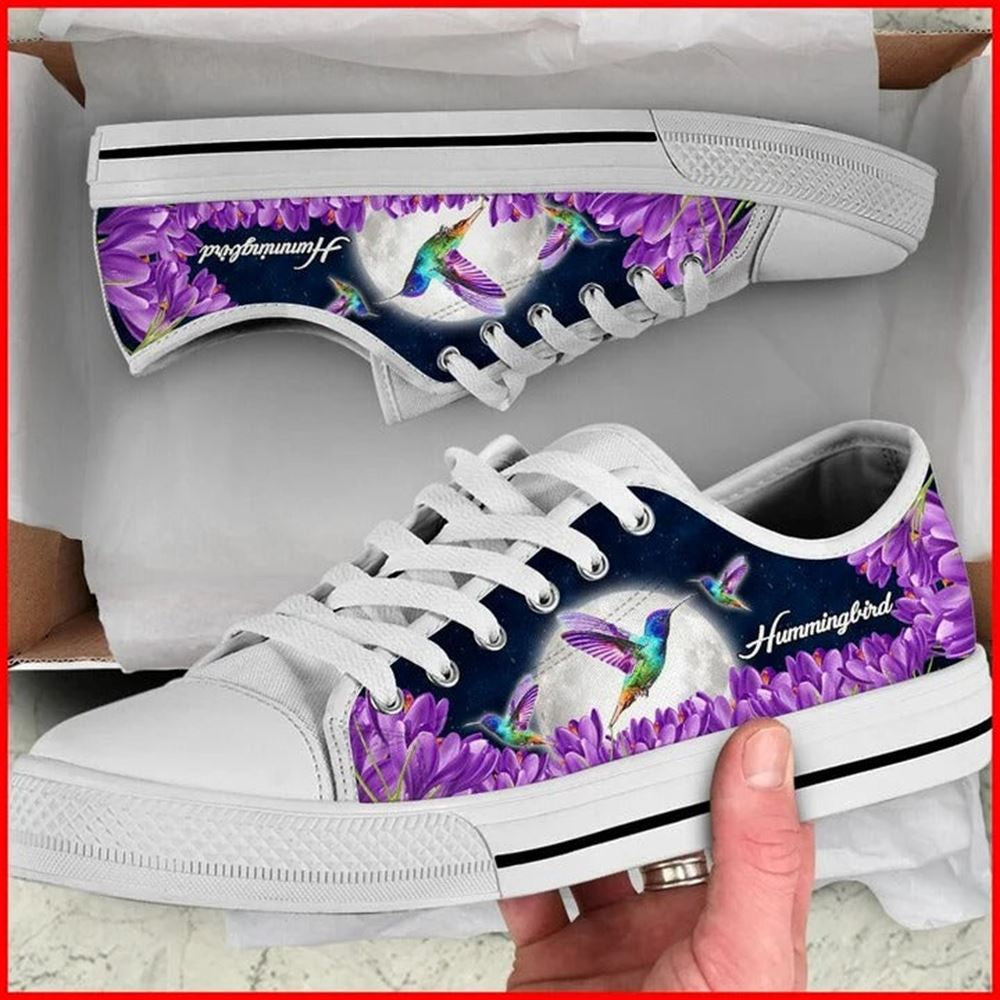 Hummingbird Purple Flower Canvas Low Top Shoes, Low Top Sneaker, Low Top Canvas Shoes