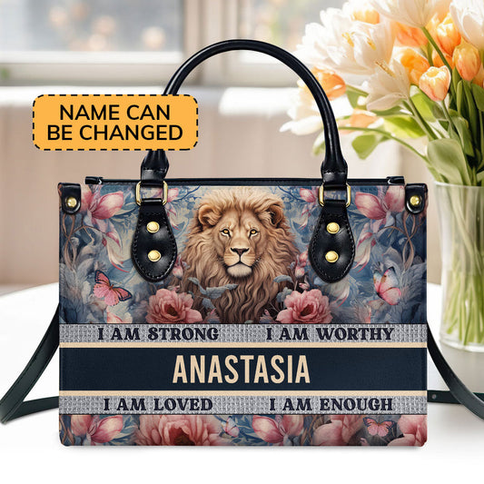 I Am Strong Personalized Leather Handbag - Custom Name Leather Handbags For Women