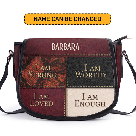 I Am Strong Personalized Leather Saddle Bag - Religious Bags For Women
