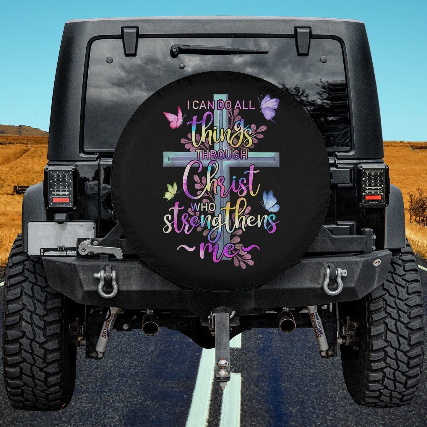 I Can Do All Things Through Christ Butterfly Art - Religious Spare Tire Cover - Religious Christian Spare Tire Cover