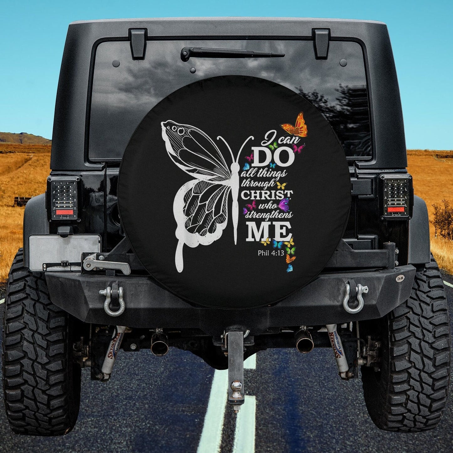 I Can Do All Things Through Christ Butterfly Art Religious Spare Tire Cover - Religious Christian Spare Tire Cover
