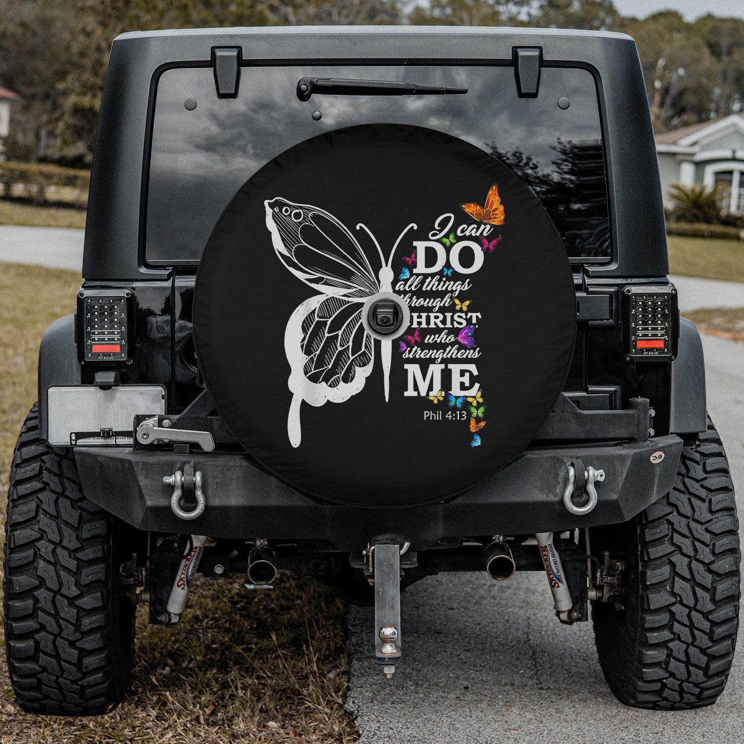 I Can Do All Things Through Christ Butterfly Art Religious Spare Tire Cover - Religious Christian Spare Tire Cover