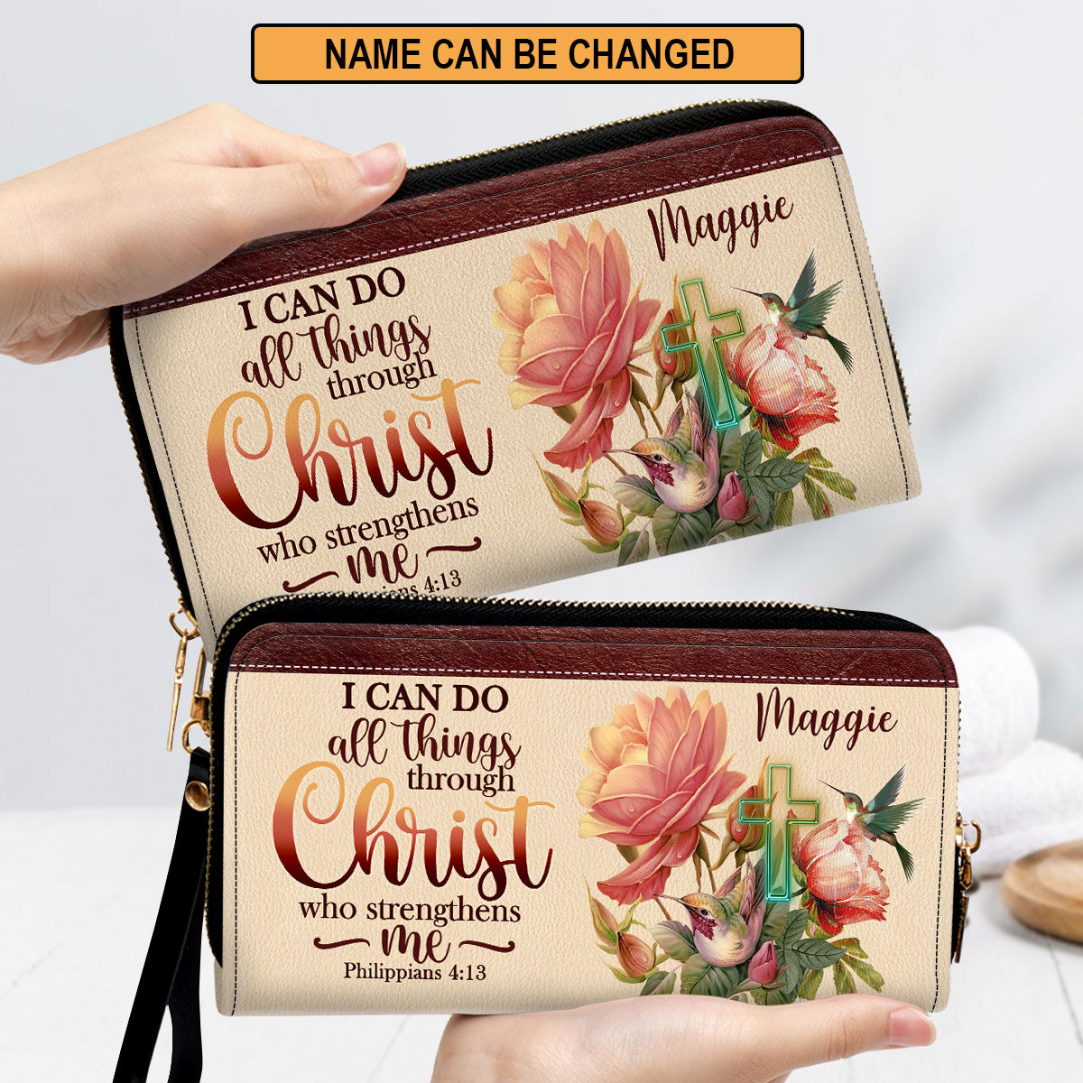 I Can Do All Things Through Christ Philippians 413 Personalized Leather Clutch Purse For Christian Women - Christian Gifts For Religious Women