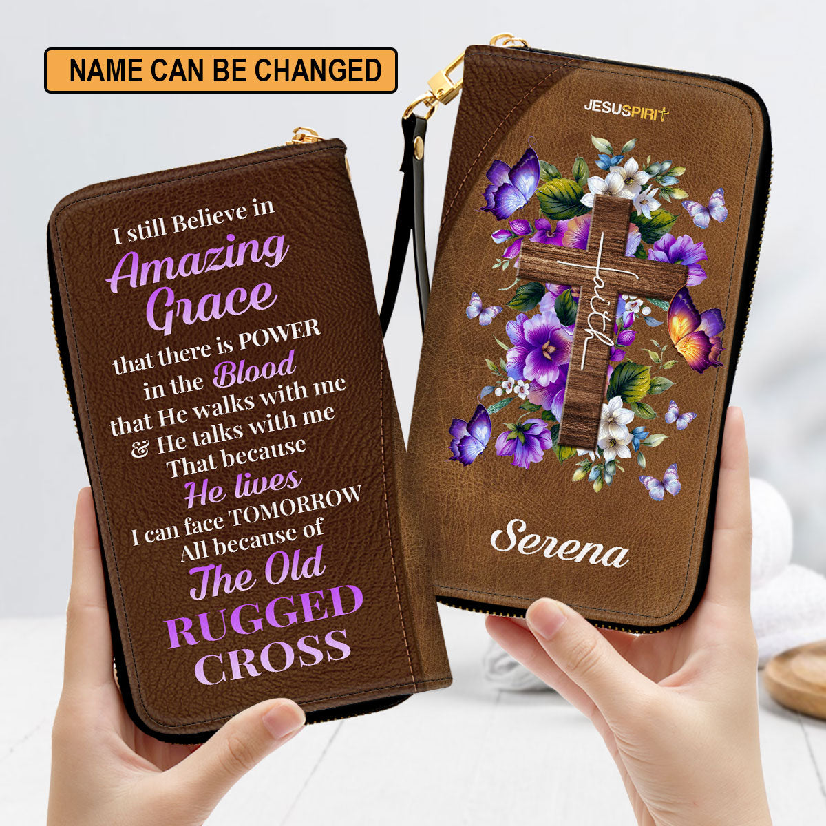 I Still Believe In Amazing Grace Faith Cross And Floral Personalized Leather Clutch Purse - Christian Gifts For Religious Women