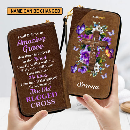 I Still Believe In Amazing Grace Faith Cross And Floral Personalized Leather Clutch Purse - Christian Gifts For Religious Women