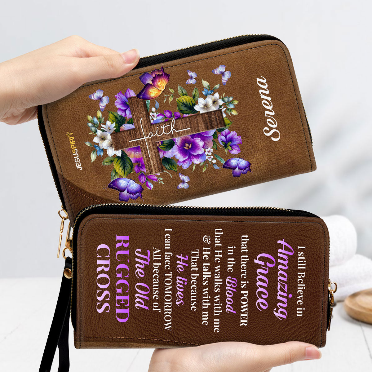 I Still Believe In Amazing Grace Faith Cross And Floral Personalized Leather Clutch Purse - Christian Gifts For Religious Women