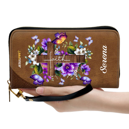 I Still Believe In Amazing Grace Faith Cross And Floral Personalized Leather Clutch Purse - Christian Gifts For Religious Women