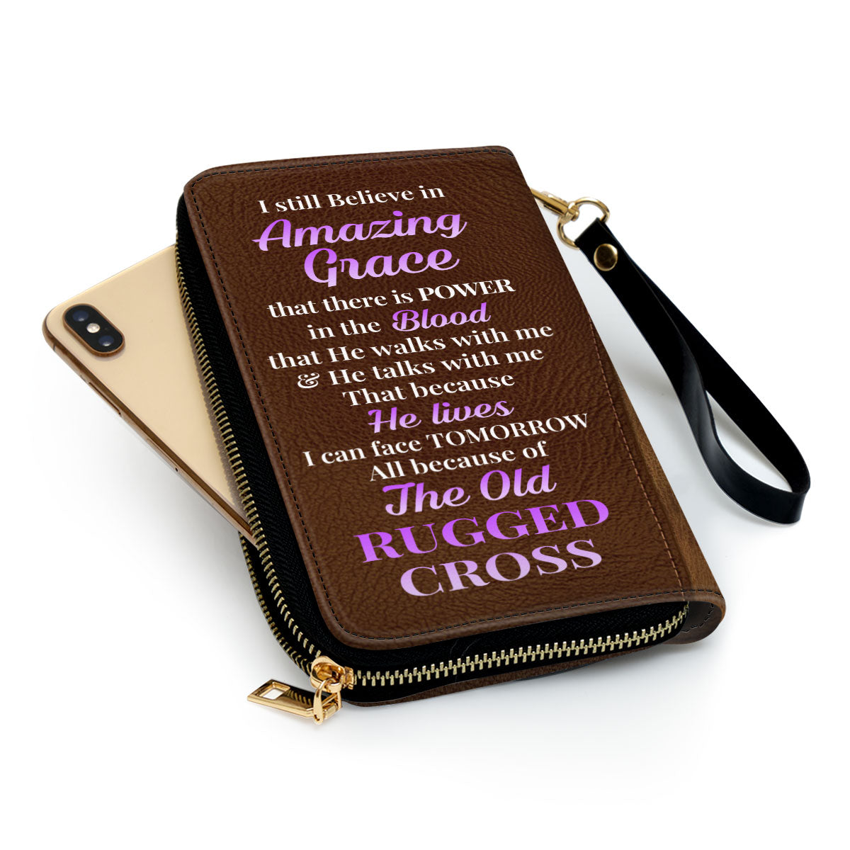 I Still Believe In Amazing Grace Faith Cross And Floral Personalized Leather Clutch Purse - Christian Gifts For Religious Women