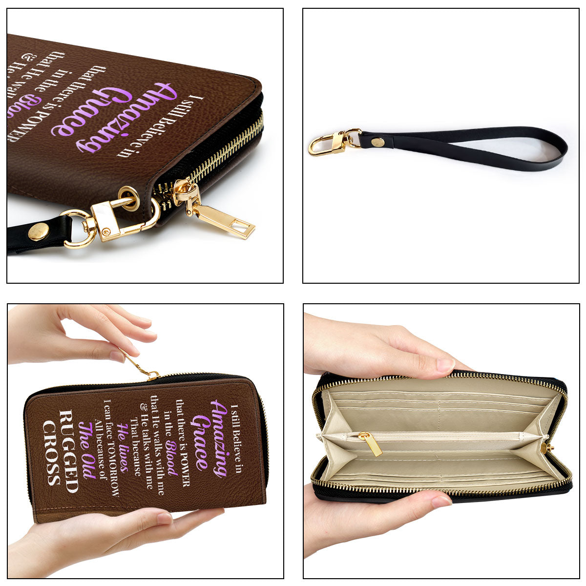 I Still Believe In Amazing Grace Faith Cross And Floral Personalized Leather Clutch Purse - Christian Gifts For Religious Women