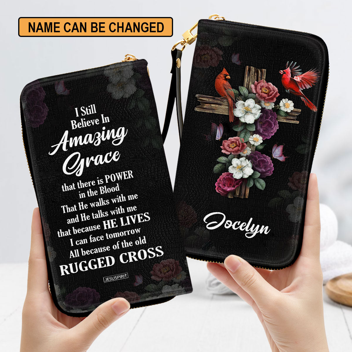 I Still Believe In Amazing Grace Flower And Cross Personalized Leather Clutch Purse - Christian Gifts For Religious Women