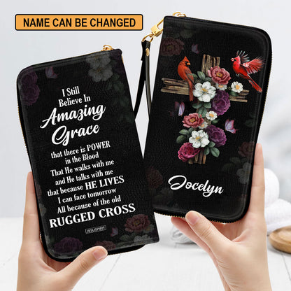 I Still Believe In Amazing Grace Flower And Cross Personalized Leather Clutch Purse - Christian Gifts For Religious Women
