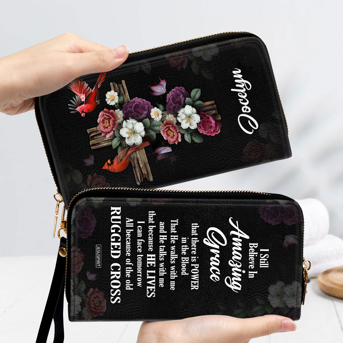 I Still Believe In Amazing Grace Flower And Cross Personalized Leather Clutch Purse - Christian Gifts For Religious Women