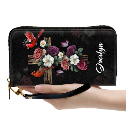 I Still Believe In Amazing Grace Flower And Cross Personalized Leather Clutch Purse - Christian Gifts For Religious Women