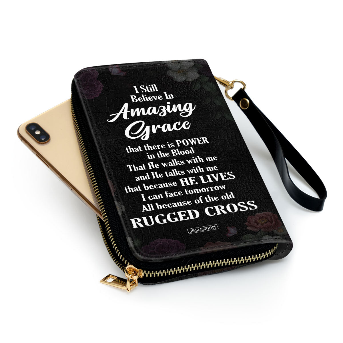 I Still Believe In Amazing Grace Flower And Cross Personalized Leather Clutch Purse - Christian Gifts For Religious Women