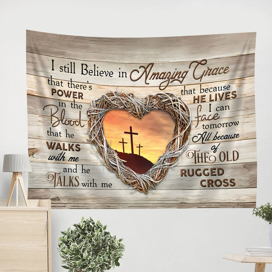 I Still Believe In Amazing Grace Heart Cross Tapestry - Christian Tapestries - Wall Tapestry Bible Verse