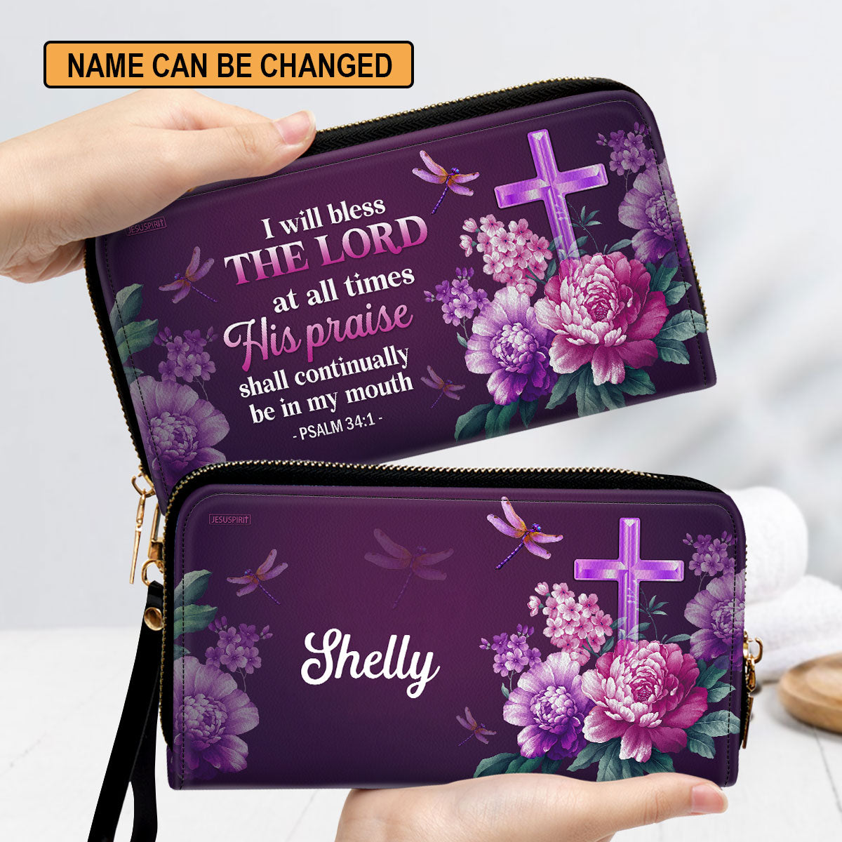 I Will Bless The Lord At All Times Psalm 341 Personalized Flower Leather Clutch Purse - Christian Gifts For Religious Women