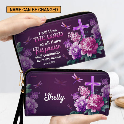I Will Bless The Lord At All Times Psalm 341 Personalized Flower Leather Clutch Purse - Christian Gifts For Religious Women