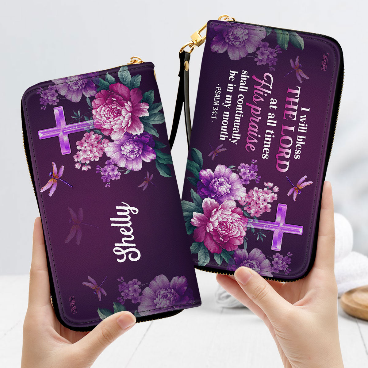 I Will Bless The Lord At All Times Psalm 341 Personalized Flower Leather Clutch Purse - Christian Gifts For Religious Women