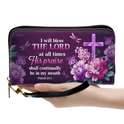 I Will Bless The Lord At All Times Psalm 341 Personalized Flower Leather Clutch Purse - Christian Gifts For Religious Women