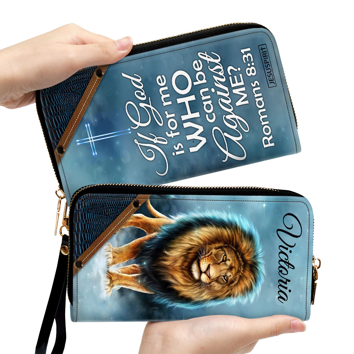 If God Is For Me Who Can Be Against Me Romans 831 Lion Personalized Leather Clutch Purse - Christian Gifts For Religious Women