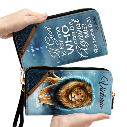 If God Is For Me Who Can Be Against Me Romans 831 Lion Personalized Leather Clutch Purse - Christian Gifts For Religious Women