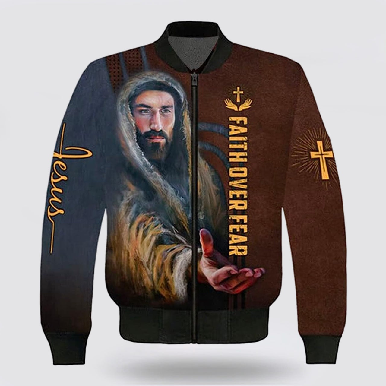 Jesus Christian Faith Over Fear Bomber Jacket - Christian Bomber Shirts for Men and Women
